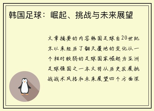 韩国足球：崛起、挑战与未来展望